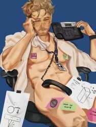 1boy beard_stubble blonde_hair borders1ck casual completely_nude facial_hair highres male_focus messy_hair muscular muscular_male nude project_hail_mary ryland_grace solo stubble