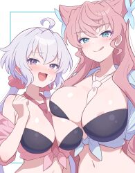 2girls :d absurdres asymmetrical_docking between_breasts black_bra blue_eyes bob_cut border bra breast_press breasts butterfly_hair_ornament cleavage closed_mouth collar commentary_request double-parted_bangs floating_hair gmkz_kawaii green_border hair_between_eyes hair_ornament hair_wings highres large_breasts licking_lips long_hair looking_at_viewer maria_cadenzavna_eve medium_breasts multiple_girls navel necktie open_mouth pink_eyes pink_shirt purple_eyes red_necktie senki_zesshou_symphogear shirt short_hair smile stomach sweatdrop tied_shirt tongue tongue_out twintails underwear upper_body very_long_hair wavy_sidelocks white_background white_hair white_necktie white_shirt yukine_chris