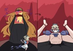2girls artist_request covered_eyes ebisu_eika eika_ebisu female female_only forced_insertion hakoretto insertion instant_loss instant_loss_2koma japanese_text junko_(touhou) large_insertion rock rocks shaded_eyes shaded_face small_dom_big_sub tagme touhou