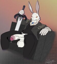 balls big_balls black_tie_(suit) bodily_fluids bottomwear chair clothed clothing dripping eyewear furniture genital_fluids genitals glasses gloves gradient_penis grin half-erect halley_karillion handwear hi_res holding_melee_weapon holding_object holding_sword holding_weapon humanoid male melee_weapon on_chair open_bottomwear open_clothing open_pants orange_eyes pants partially_clothed penis precum precum_drip simple_background sitting sitting_on_chair smile solo suit sword weapon wearing_glasses white_body white_clothing white_gloves white_handwear white_rabbit_(dmc)