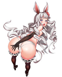 :d animal_ears ass ass_grab bent_over black_gloves black_legwear bunny_ears bunny_tail cameltoe drill_hair elbow_gloves elin_(tera) female flower frilled_legwear from_behind gloves hair_flower hair_ornament highres long_hair looking_at_viewer looking_back lucknight naughty_face nipples open_mouth panties purple_eyes ringlets silver_hair smile solo tail tera_online thighhighs tongue tongue_out topless underwear very_long_hair white_panties