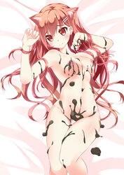 1girls absurdres animal_ears blush breasts cat_ears catstudioinc_(punepuni) chocolate chocolate_on_breasts chocolate_on_pussy dress female highres large_breasts long_hair naked_chocolate nude original puni_(miku_plus) red_dress red_eyes smile solo valentine very_long_hair