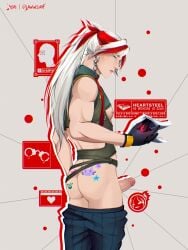 ass ass_focus gloves green_eyes heartsteel_series heartsteel_yone holding_mask lawwclair league_of_legends long_hair male male_only nipple ponytail red_hair solo solo_male stickers white_hair yone