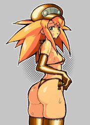 ass big_ass bikini blonde_hair blush elbow_gloves embarrassed golden_bikini hat liverobo long_hair mega_man mega_man_legends roll_caskett skimpy_bikini small_breasts sweat thick_thighs thighhighs thighs