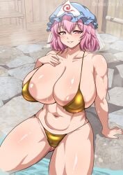 areolae bathhouse breasts gold_bikini hot_spring huge_breasts muscular_female navel onakaitaiyo pink_eyes pink_hair saigyouji_yuyuko touhou yuyuko_saigyouji