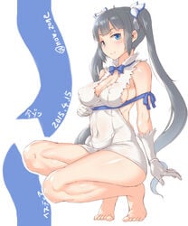 artist_name barefoot black_hair blue_eyes blush breasts cleavage covered_navel dated dungeon_ni_deai_wo_motomeru_no_wa_machigatteiru_darou_ka erect_nipples female gloves hestia_(danmachi) imazon kneeling long_hair rei_no_himo shiny shiny_skin sideboob smile solo squatting thighs tied_hair twintails