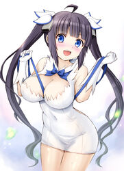 areola_slip areolae black_hair blue_eyes blush breasts cleavage dress dungeon_ni_deai_wo_motomeru_no_wa_machigatteiru_darou_ka female gloves harukigenia hestia_(danmachi) long_hair open_mouth rei_no_himo ribbon smile solo tied_hair twintails