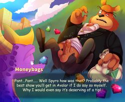 absurd_res after_masturbation anthro balls dragon enookie hi_res humanoid_penis male male_only mammal moneybags_(spyro) obese obese_male overweight overweight_male penis prostitution spyro spyro_reignited_trilogy spyro_the_dragon ursid video_games