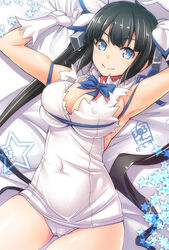 armpits bed_sheet black_hair blue_eyes breasts cameltoe cleavage dress dungeon_ni_deai_wo_motomeru_no_wa_machigatteiru_darou_ka erect_nipples female gloves hair_ribbon hestia_(danmachi) large_breasts long_hair lying on_back panties rakujin rei_no_himo ribbon sheet_grab solo tied_hair twintails underwear very_long_hair