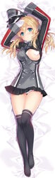 bed bed_sheet black_legwear blonde_hair blue_eyes breasts carnelian censored dakimakura female gloves hat heart heart_censor highres kantai_collection large_breasts long_sleeves lying novelty_censor one_breast_out open_clothes open_shirt panties pantyshot peaked_cap prinz_eugen_(kantai_collection) sample shirt skirt thighhighs underwear white_gloves white_panties