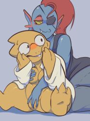 alphys animal_humanoid anthro blush boss_monster breasts claws clothing duo eye_patch eyewear female fish foreplay glasses grope hair humanoid lizard marine mightyworld nude open_mouth pussy red_hair reptile scalie teeth undertale undyne video_games yuri