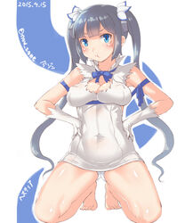 :t artist_name barefoot black_hair blue_eyes blush breasts covered_navel dated dungeon_ni_deai_wo_motomeru_no_wa_machigatteiru_darou_ka erect_nipples female gloves hands_on_hips hestia_(danmachi) imazon kneeling panties pantyshot rei_no_himo tied_hair twintails underwear