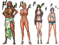 4girls abs bikini bleach clothed clothing cyan_sung-sun dark-skinned_female dark_skin denim_shorts emilou_apacci female female_only flip_flops huge_ass huge_breasts mila_rose nameo_(judgemasterkou) presenting sandals sarong sketch slave swimsuit take_your_pick text tia_harribel voluptuous wide_hips