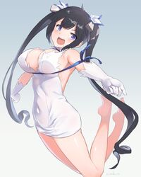 black_hair blue_eyes blue_ribbon breasts cleavage_cutout dress dungeon_ni_deai_wo_motomeru_no_wa_machigatteiru_darou_ka female hestia_(danmachi) large_breasts long_hair rei_no_himo ribbon solo supertie tied_hair twintails white_dress