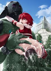 1monster blush breasts censored cowgirl_position deep_rising faceless_(fire_emblem) female fire_emblem fire_emblem_fates gigantic_penis hinoka_(fire_emblem) huge_monster larger_male nintendo rape red_eyes red_hair red_legwear sex short_hair size_difference small_breasts spread_legs squirt suspended_congress torn_clothes vaginal_penetration