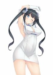 armpits arms_up black_hair blue_eyes blush breasts cleavage cleavage_cutout dress dungeon_ni_deai_wo_motomeru_no_wa_machigatteiru_darou_ka female gloves hair_ribbon hestia_(danmachi) kuroneko_shiro large_breasts long_hair looking_at_viewer one_eye_closed rei_no_himo ribbon solo stretch tied_hair twintails white_dress white_gloves