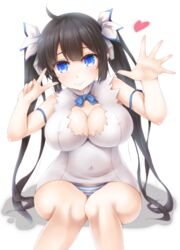 arm_ribbon black_hair blue_eyes blush bow breasts cleavage cleavage_cutout cyanomirahi dress dungeon_ni_deai_wo_motomeru_no_wa_machigatteiru_darou_ka female gloves hair_ornament hair_ribbon hestia_(danmachi) large_breasts long_hair long_twintails looking_at_viewer panties rei_no_himo ribbon smile solo tied_hair twintails underwear white_dress white_gloves