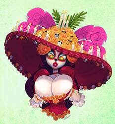 1girls big_breasts black_hair breasts burning_candles candles carmessi cleavage collar dia_de_los_muertos feathers female flower hair_flower huge_breasts la_muerte long_hair makeup red_dress red_lips red_lipstick skeleton skull solo sombrero the_book_of_life white_candles yellow_eyes