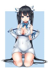 absurdres black_hair blue_background blue_eyes breasts cleavage crotch dungeon_ni_deai_wo_motomeru_no_wa_machigatteiru_darou_ka female gloves hair_ribbon hestia_(danmachi) kneeling linnkou long_hair looking_at_viewer outside_border rei_no_himo ribbon smile solo thigh_gap thighs tied_hair twintails very_long_hair white_gloves