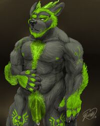 1boy 2014 abs absurd_res animal_genitalia anthro balls biceps big_muscles black_fur black_nose body_hair canine chest_tuft chumbasket claws facial_hair fur genital_piercing green_eyes green_fur green_nipples green_penis half-erect happy_trail hi_res horn humanoid_penis hybrid male male_only mammal markings musclegut muscular muscular_male nipples nude partially_retracted_foreskin pecs penis penis_piercing piercing pose presenting prince_albert_piercing pubes sheath slightly_chubby solo standing teeth tuft uncut vein wolf