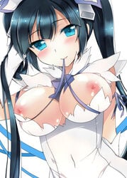 1girls areolae bare_shoulders black_hair blue_eyes blush breasts breasts_out dress dungeon_ni_deai_wo_motomeru_no_wa_machigatteiru_darou_ka female female_only gloves hestia_(danmachi) ichiyou_moka impossible_clothes large_breasts long_hair looking_at_viewer mouth_hold nipples out_of_frame rei_no_himo skindentation smile solo solo_female tied_hair twintails white_dress white_gloves