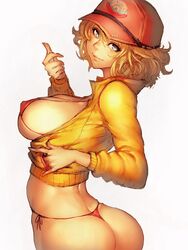 1girls ass baseball_cap blonde_hair blue_eyes breasts bubble_butt cindy_aurum female female_only final_fantasy final_fantasy_xv fumio_(rsqkr) hat hourglass_figure huge_ass jacket large_breasts light_smile looking_at_viewer short_hair sideboob simple_background solo thong white_background