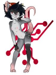 anthro areola black_hair breasts chelsea_(original_character) claws clothing ear_piercing female flat_chested freckles gloves grey_skin hair inverted_nipples mammal nipples piercing rat red_eyes rodent small_breasts solo spots toe_claws tools trexqueen wrench