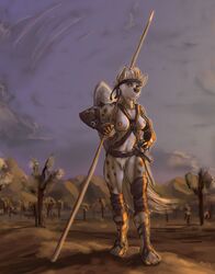 abs anthro bandolier belt biceps breasts desert female full-length_portrait full_length gladiatrix headband hyena landscape mammal marsonaut melee_weapon muscular nude plantigrade polearm portrait pussy scabbard shield solo spear spots standing sword warrior weapon