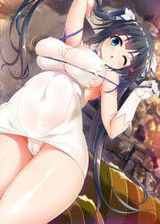 arms_up black_hair blue_eyes breasts cameltoe cleavage cleavage_cutout couch dragonmaterial dress dungeon_ni_deai_wo_motomeru_no_wa_machigatteiru_darou_ka female gloves hair_ribbon hestia_(danmachi) large_breasts long_hair long_twintails looking_at_viewer one_eye_closed open_mouth panties rei_no_himo ribbon see-through solo tied_hair twintails underwear white_dress white_gloves white_panties