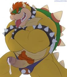 1boy 2016 body_hair bowser clothed clothing crossed_arms erection ethancostas flat_colors happy_trail horn humanoid_penis jockstrap koopa leaking looking_at_viewer male male_only mario_(series) navel nintendo partially_clothed penis pinup pose precum presenting pubes pubic_hair scalie simple_background smile solo standing teeth tongue tongue_out underwear vein veiny_penis video_games white_background