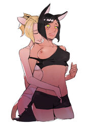 2girls animal_ears black_hair blonde_hair blush bra breasts cat_ears cat_tail closed_eyes crop_top cropped_legs dark_skin facial_tattoo hand_in_shorts mercy multiple_girls navel nipple_piercing nipples one_breast_out open_mouth overwatch panties pharah shazhiqiao short_hair short_shorts shorts simple_background sketch smile tail tank_top tattoo underwear white_background yellow yuri