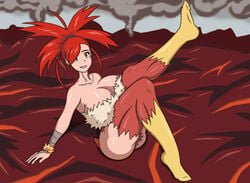 1girls arm_support ass bangs bare_shoulders blaziken_(cosplay) bosomancer breasts cleavage collarbone cosplay eyelashes feet flannery_(pokemon) gym_leader huge_breasts human human_only large_breasts leg_up long_hair looking_at_viewer neck pokemon pokemon_(cosplay) pokemon_oras pokemon_rse ponytail pubic_hair red_background red_eyes red_hair shoulders sitting smile smiling solo solo_female stockings teeth thick_thighs thighhighs tied_hair volcanic_setting volcano