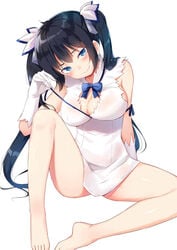 1girls absurdres alexmaster black_hair blue_eyes blush breasts cleavage dress dungeon_ni_deai_wo_motomeru_no_wa_machigatteiru_darou_ka female gloves hestia_(danmachi) light-skinned_female light_skin long_hair long_twintails looking_at_viewer rei_no_himo ribbon smile solo tied_hair twintails