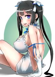 arm_ribbon asanagi bare_shoulders black_hair blue_eyes blue_ribbon blush breasts cleavage cleavage_cutout covered_navel dress dungeon_ni_deai_wo_motomeru_no_wa_machigatteiru_darou_ka erect_nipples female gloves hair_ribbon hestia_(danmachi) large_breasts long_hair looking_at_viewer open_mouth rei_no_himo ribbon short_dress simple_background sitting sleeveless sleeveless_dress smile solo tied_hair twintails white_dress white_gloves