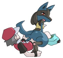 1boy 1girls anal anal_sex anthro anus ass ass_grab back big_ass black_fur blue_fur brown_hair canine clitoris clothed_male_nude_female clothed_sex fangs feet female fur furry hair hat hi_res human human_on_anthro humanoid interspecies looking_back lucario male male_human/female_anthro male_human/female_pokemon mammal nintendo nude on_back open_mouth paws penetration penis penis_out pokemon pokemon_(species) pokemon_dppt pokemon_frlg pokemon_trainer pokephilia praiz pussy red_(pokemon) red_eyes sex simple_background spikes spread_legs straight sweatband tail thick_thighs tongue video_games white_background yellow_fur