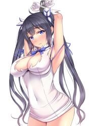 armpits arms_up black_hair blue_eyes blush bondage bound breasts chains cleavage_cutout dungeon_ni_deai_wo_motomeru_no_wa_machigatteiru_darou_ka erect_nipples female hair_ribbon hestia_(danmachi) large_breasts long_hair looking_at_viewer meropan navel pokies rei_no_himo restrained ribbon showing_armpits skindentation solo tears tied_hair twintails