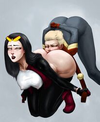 2girls ahe_gao arms_behind_back ass avengers big_breasts black_hair blonde_hair bodysuit breasts bubble_ass captain_marvel carol_danvers cleavage closed_eyes covered_breasts covered_nipples dochyde erect_nipples female female_only from_behind glasses gloves hips huge_ass jessica_drew large_breasts legs lipstick long_hair marvel marvel_comics multiple_girls nipples oral shoes short_hair spider-man_(series) spider-woman sunglasses teeth thighs tongue tongue_out yuri