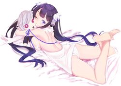 ;) absurdres arm_ribbon ass barefoot bell_cranel black_hair blue_eyes breasts character_doll dress dungeon_ni_deai_wo_motomeru_no_wa_machigatteiru_darou_ka feet female gloves hair_ornament hestia_(danmachi) large_breasts lying object_hug on_stomach one_eye_closed panties rei_no_himo ribbon sideboob smile soles solo tied_hair toes twintails underwear very_long_hair wankoo-mikami white_dress white_gloves white_panties