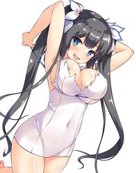 barefoot black_hair blue_eyes blue_ribbon blush breasts cleavage_cutout dress dungeon_ni_deai_wo_motomeru_no_wa_machigatteiru_darou_ka female hair_ornament hair_ribbon hestia_(danmachi) iroha_(unyun) large_breasts long_hair looking_at_viewer open_mouth rei_no_himo ribbon skin_tight smile solo tied_hair twintails white_background white_dress