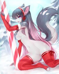 2016 anthro blue_eyes breasts clothing elbow_gloves feline female gloves legwear mammal nipples pole pussy snow solo stockings tongue tongue_out tree white-castle winter