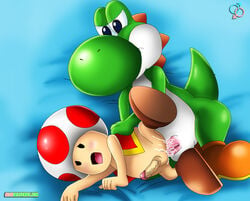 2boys anal anal_sex anthro anthro_only ass bbmbbf bed beige_penis black_eyes blue_eyes boots bottomless cum cum_from_ass cum_in_ass cum_inside cum_on_ass cum_on_penis duo english_text footwear green_scales leg_glider_position male male/male mario_(series) mostly_nude nintendo on_model open_mouth palcomix penetration penis pink_penis raised_leg rear_deliveries red_scales scales sex shoes text toad_(mario) tongue white_scales yaoi yoshi