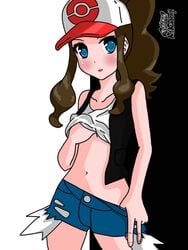 1girls bare_shoulders belly black_background blue_eyes blush breast_grab clothes daisy_dukes female female_only hand_in_pants hat hilda_(pokemon) human jacket long_hair looking_at_viewer maoukouichi navel nintendo pokemon pokemon_bw ponytail shirt shirt_lift shorts solo standing text tied_hair undressing white_background