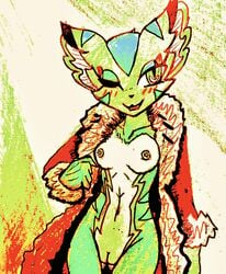 2016 absurd_res anthro bathrobe blush breasts carol_tea clothed clothing feline female freedom_planet fur green_eyes green_fur hi_res mammal navel nipples one_eye_closed open_mouth partially_clothed pussy robe solo the0neleviafun tongue traditional_media_(artwork) video_games wildcat wink