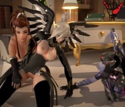 3d 3girls amelie_lacroix angela_ziegler big_breasts blender breasts brigitte brigitte_lindholm brown_eyes fingering goth looking_at_viewer mercy overwatch ponytail tattoo thighhighs threesome widowmaker yokubos yuri