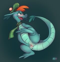 anthro blush brown_hair disney female green_background green_scales hair hat hi_res loch_ness_monster marine nessie nessie_(disney) open_mouth pussy red-9 scales scarf simple_background smile solo spreading the_ballad_of_nessie tongue tongue_out