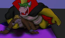 blood bowser canine cape count_koopa coyote fangs harry_belmont jking1200_(artist) looking_pleasured male mammal mario_(series) nintendo one_eye_closed overweight pain restrained scalie simple_background vampire yaoi-no-mikan