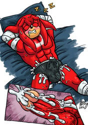 1boy anthro balls cum cumshot echidna ejaculation erection knuckles_the_echidna male male_only mammal monotreme omegazuel orgasm penis sleeping solo sonic_(series) wet_dream