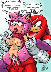 2016 amy_rose anthro areola balls big_breasts blush breasts cheating clothing cum cum_in_pussy cum_inside duo echidna english_text erect_nipples erection female from_behind green_eyes hedgehog knuckles_the_echidna male mammal monotreme nipple_tweak nipples omegazuel open_mouth penetration penis pussy sex shirt shirt_lift sonic_(series) spread_legs text thighhighs vaginal_penetration