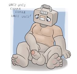 animate_inanimate balls blueballs_(artist) bottomless clothed clothing erection feet front_view humanoid_feet juke_(tawog) male male_only partially_retracted_foreskin penis radio reclining shirt sitting slightly_chubby solo sound_effects spread_legs spreading t-shirt uncut