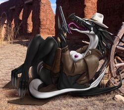 2016 anthro areola ass black_scales blue_eyes breasts claws clothed clothing colt_1873 cowboy_hat dnomrah dragon female gun handgun hat holster jacket looking_at_viewer lying membranous_wings nipples on_back open_mouth partially_clothed purple_nipples pussy ranged_weapon revolver scales scalie solo teeth toe_claws tongue tongue_out weapon white_scales wings wyvern yellow_sclera zera_stormfire